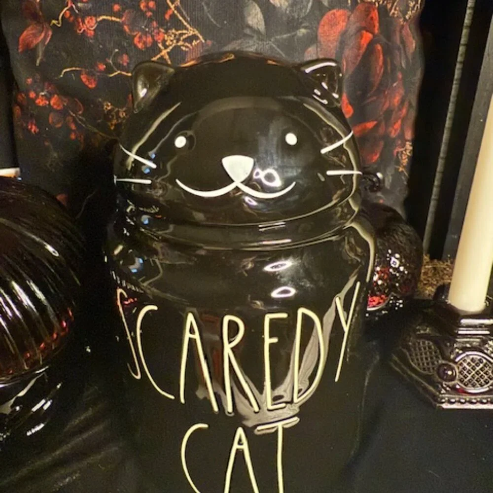 Rae Dunn Scaredy Cat Halloween Black Cat Canister Artisan NWT